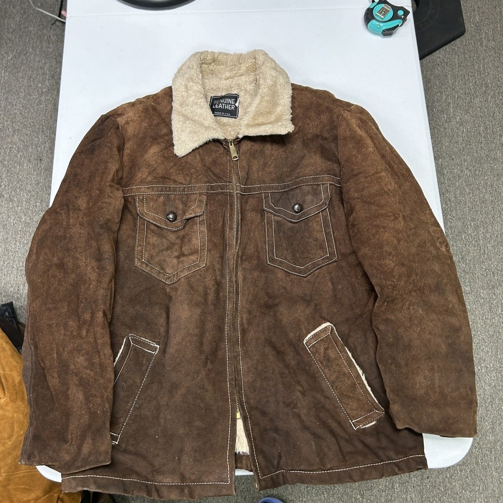 Genuine Leather Suede Jacket Mens L Brown Sherpa Collar Faux Fur Lined Vintage